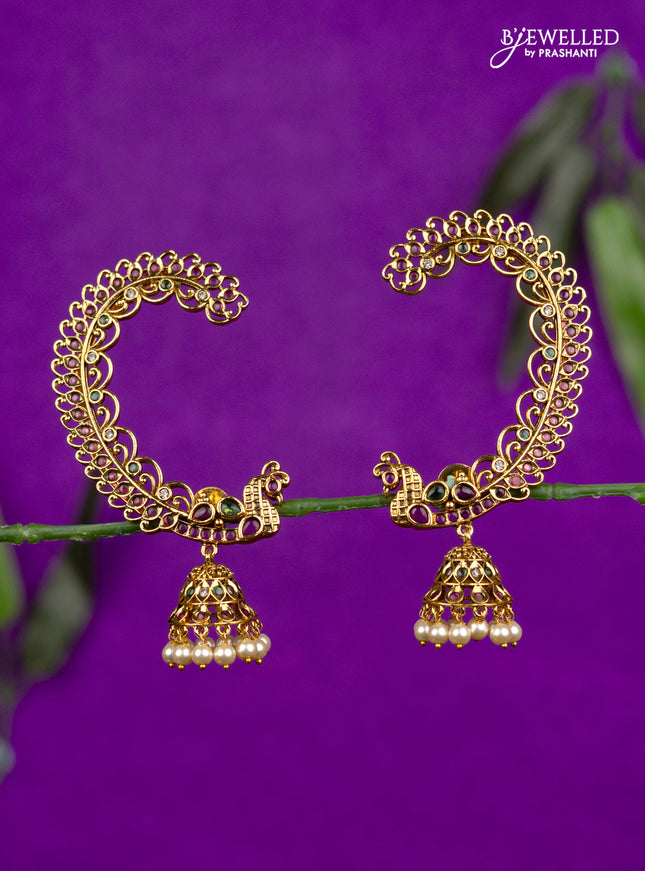 Antique earcuff jhumka with kemp & cz stones and pearl hangings
