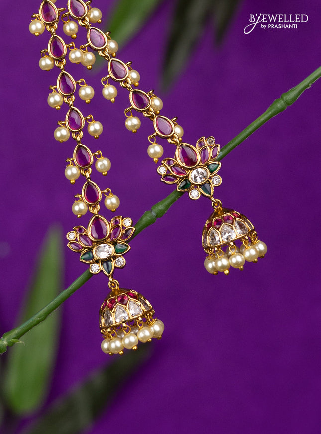 Antique jhumka lotus design with kemp & cz stones and pearl hangings