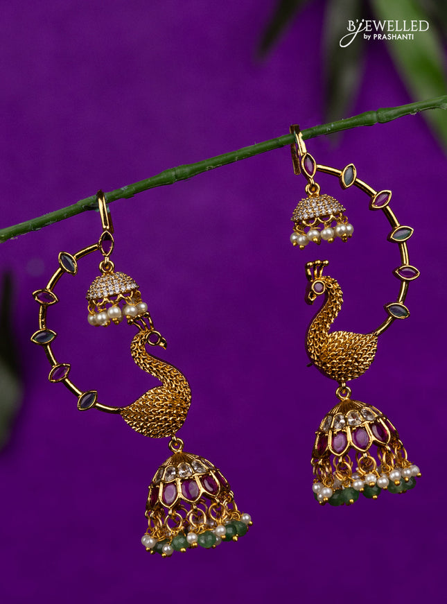 Antique earcuff jhumka peacock design with kemp & cz stones and pearl & mint green beads hangings