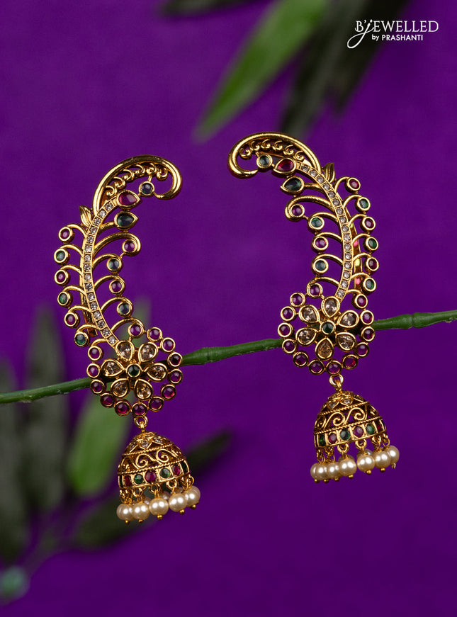 Antique earcuff jhumka with kemp & cz stones and pearl hangings