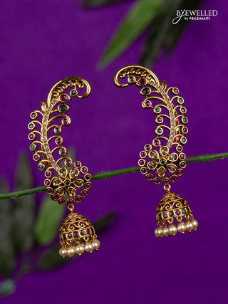 Antique earcuff jhumka with kemp & cz stones and pearl hangings