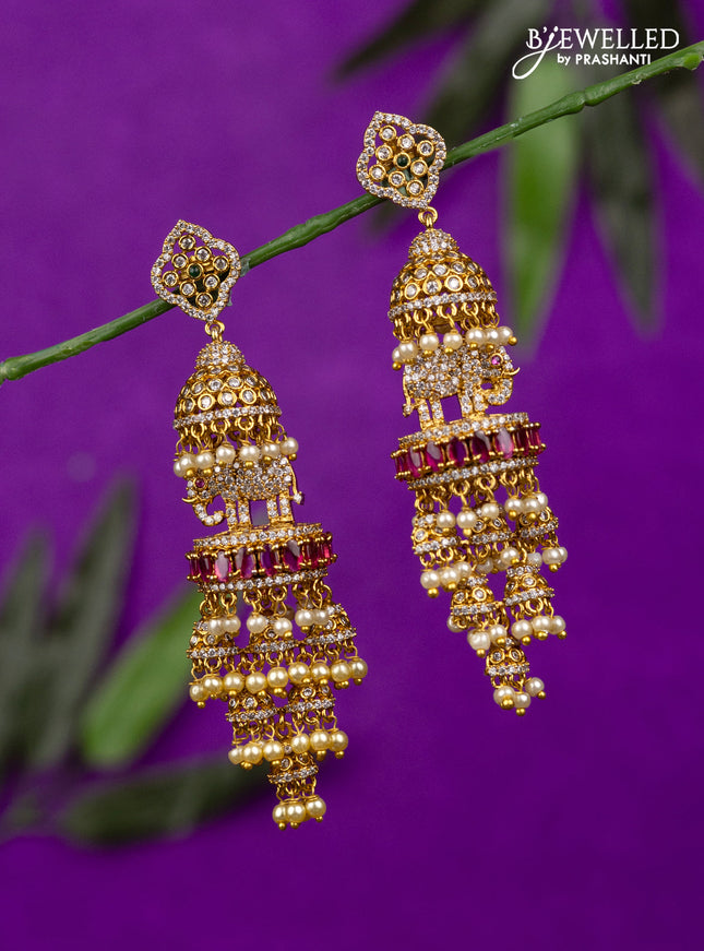 Antique jhumka elephant design with kemp & cz stones and pearl hangings