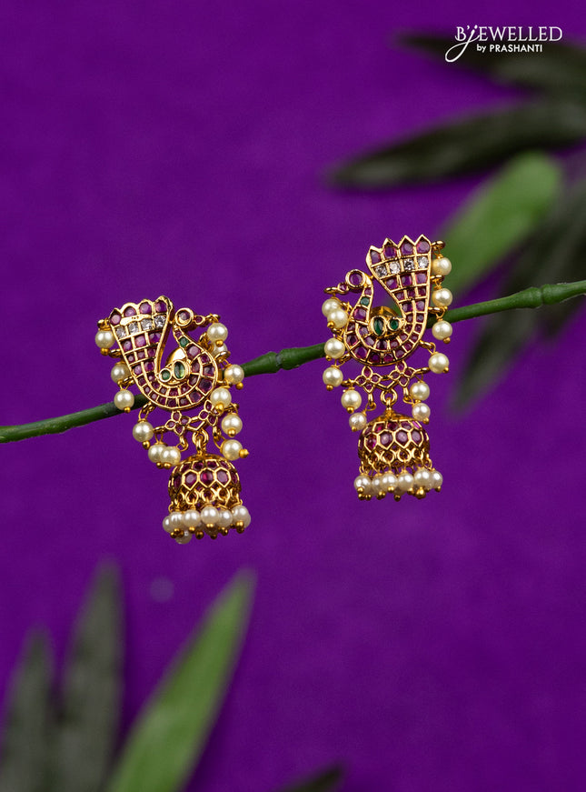 Antique jhumka peacock design with kemp & cz stones and pearl hangings