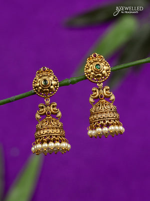 Antique jhumka with kemp stones and pearl hangings