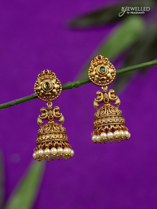 Antique jhumka with kemp stones and pearl hangings