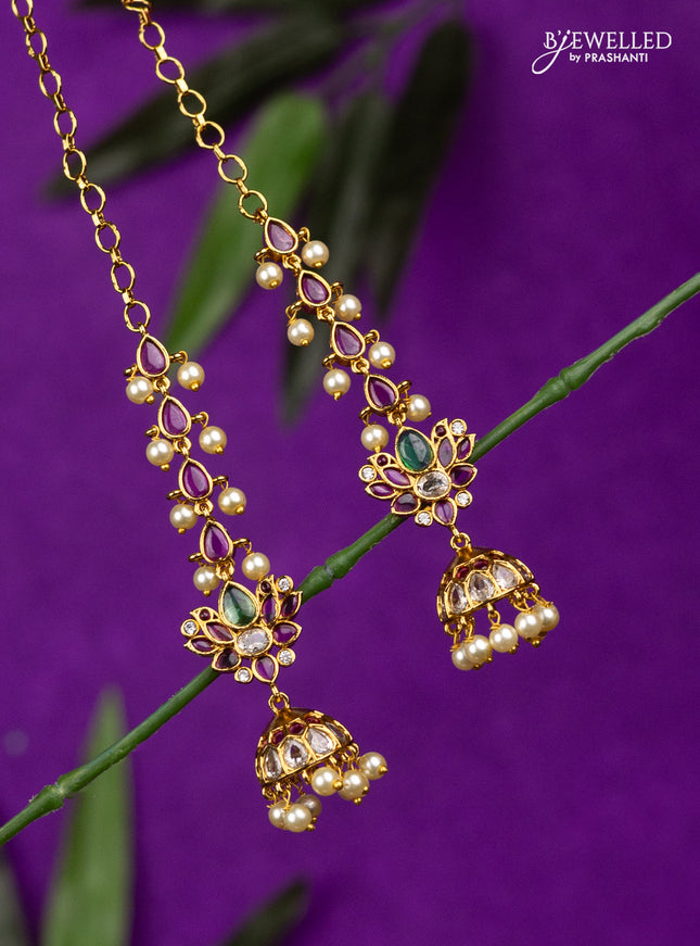 Antique jhumka lotus design kemp & cz stones with mattal and pearl hangings