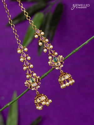 Antique jhumka lotus design kemp & cz stones with mattal and pearl hangings