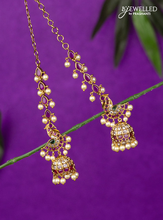 Antique jhumka peacock design kemp & cz stones with mattal and pearl hangings