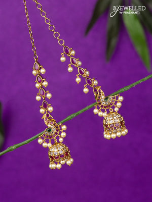 Antique jhumka peacock design kemp & cz stones with mattal and pearl hangings