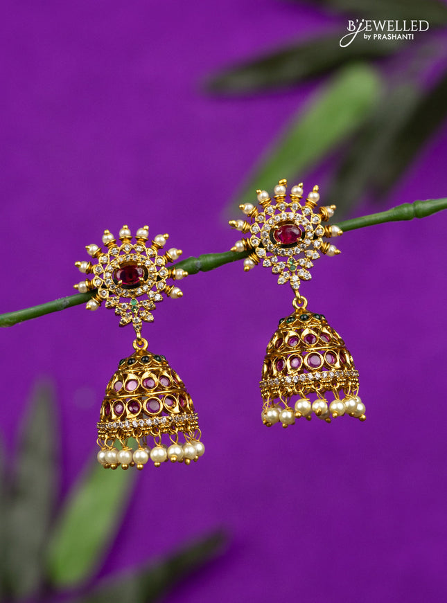 Antique jhumka with kemp & cz stones and pearl hangings