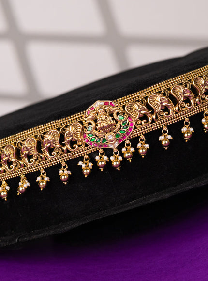 Antique hip belt with lakshmi & elephant design in jadau kundan stones and pearl beads hanging