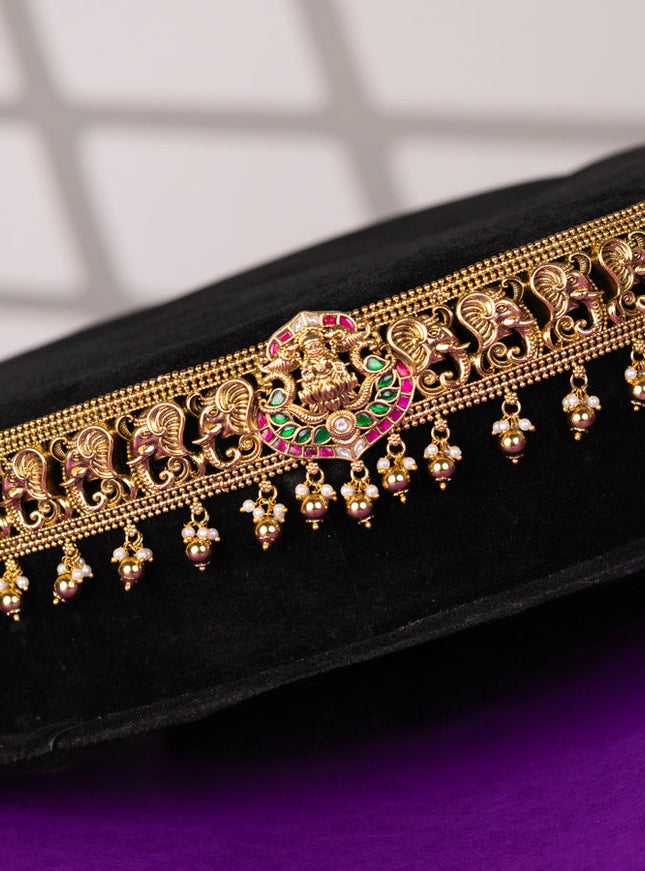 Antique hip belt with lakshmi & elephant design in jadau kundan stones and pearl beads hanging