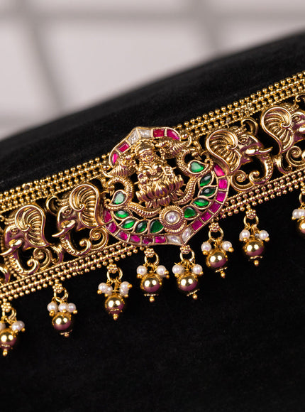 Antique hip belt with lakshmi & elephant design in jadau kundan stones and pearl beads hanging