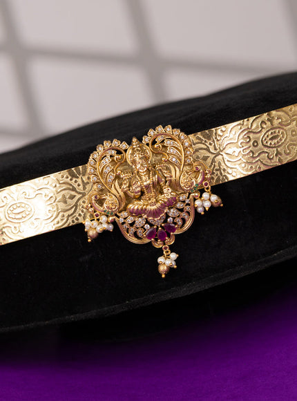 Antique self emboss hip belt with lakshmi design in kemp stones and pearl beads hanging