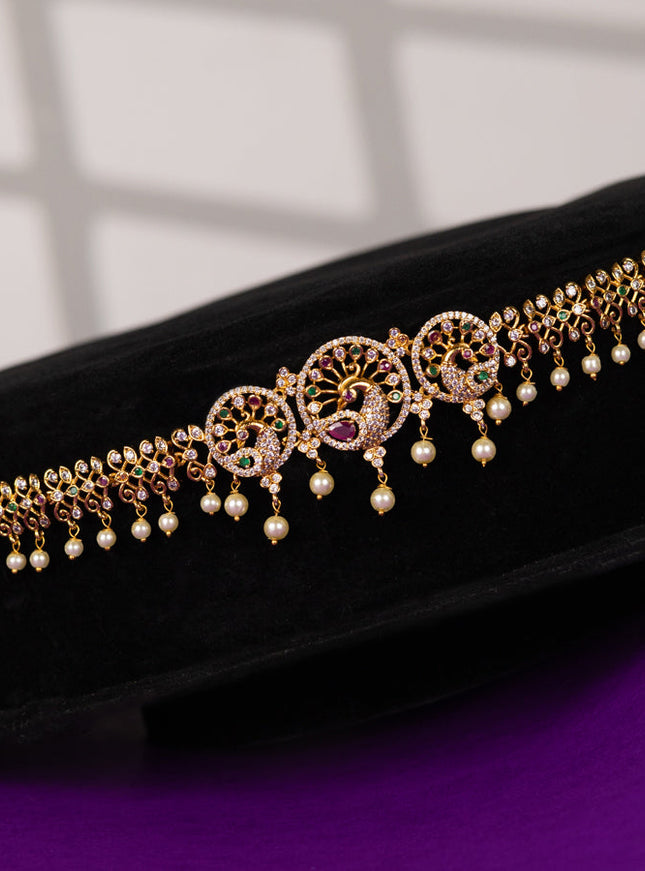Antique hip chain in peacock design with kemp and pearl beads hanging