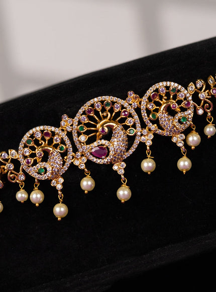 Antique hip chain in peacock design with kemp and pearl beads hanging
