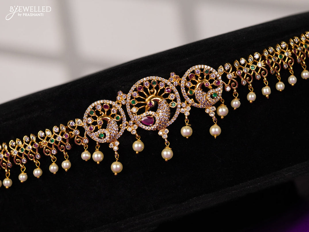 Antique hip chain in peacock design with kemp and pearl beads hanging