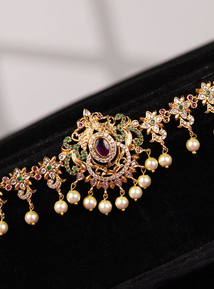 Antique hip chain in double peacock design with kemp and pearl beads hanging