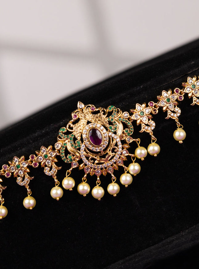 Antique hip chain in double peacock design with kemp and pearl beads hanging