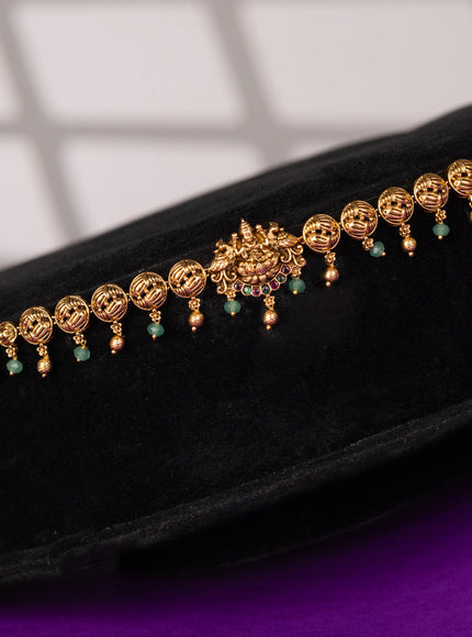 Antique hip chain in lakshmi design in kemp and green beads hanging