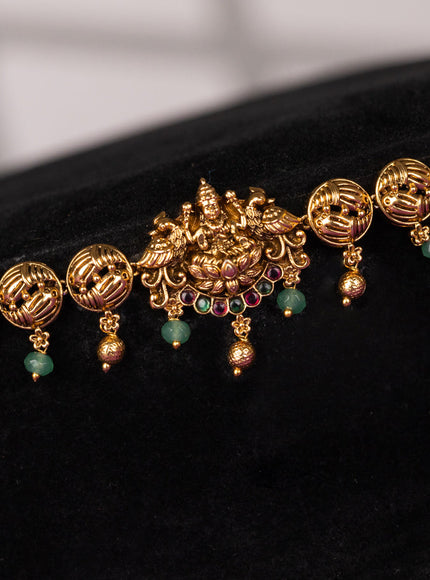 Antique hip chain in lakshmi design in kemp and green beads hanging