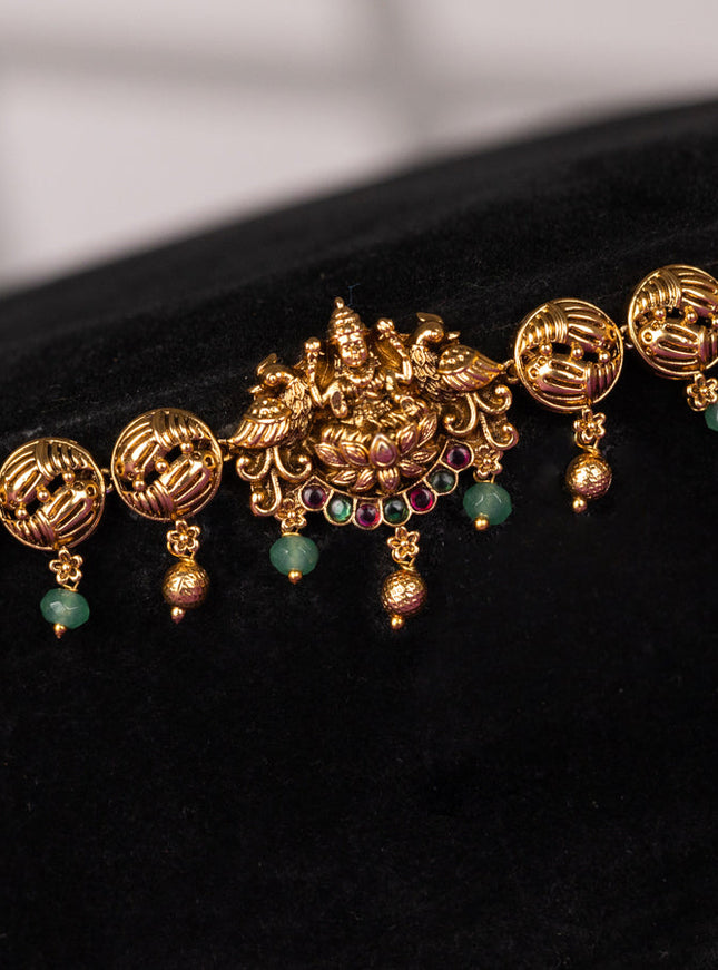 Antique hip chain in lakshmi design in kemp and green beads hanging