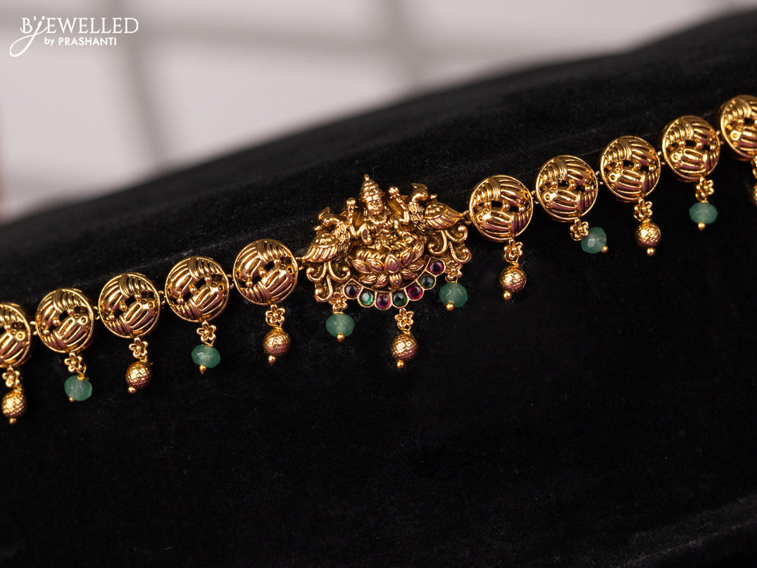 Antique hip chain in lakshmi design in kemp and green beads hanging