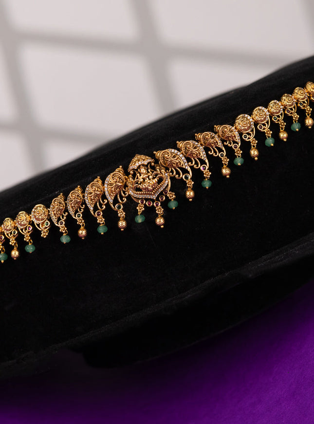 Antique hip chain in lakshmi & peacock design golden beads hanging
