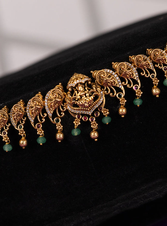 Antique hip chain in lakshmi & peacock design golden beads hanging