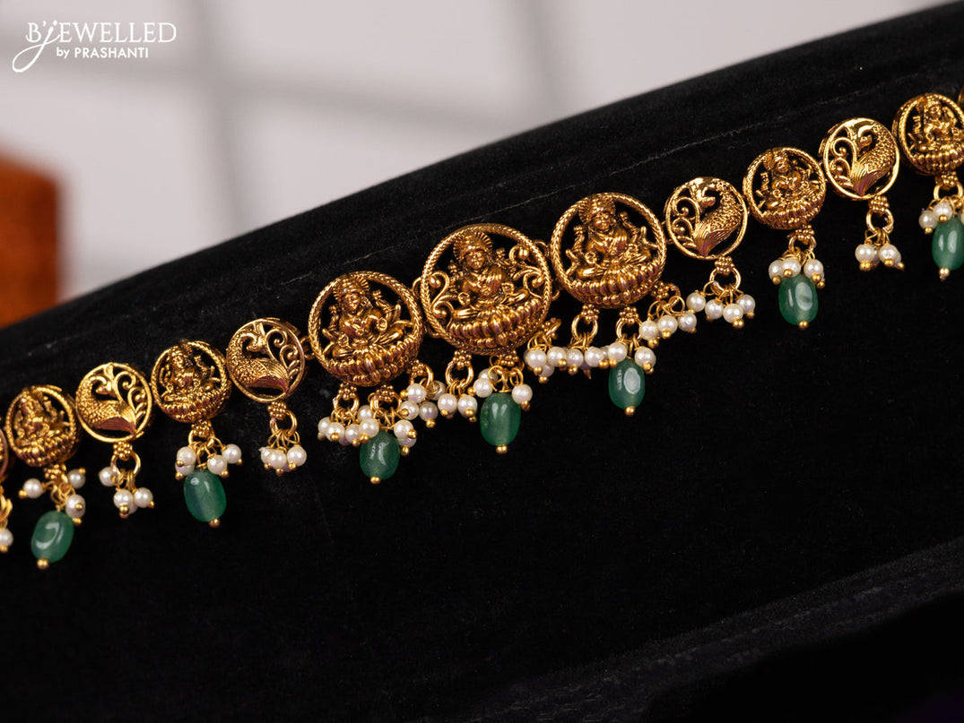 Antique hip chain in lakshmi & peacock design green beads hanging