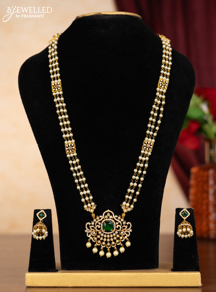 Pearl necklace with emerald & cz stones and pearl hangings