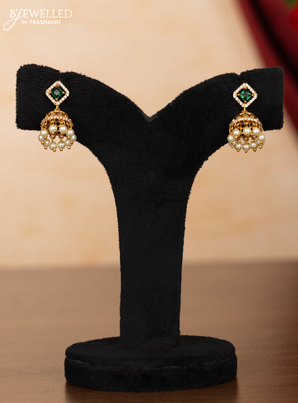 Pearl necklace with emerald & cz stones and pearl hangings