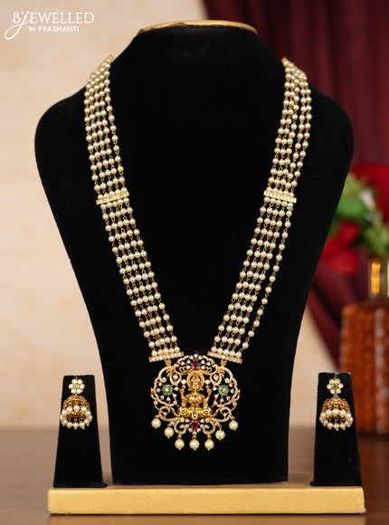Pearl necklace lakshmi pendant with kemp & cz stones and pearl hangings
