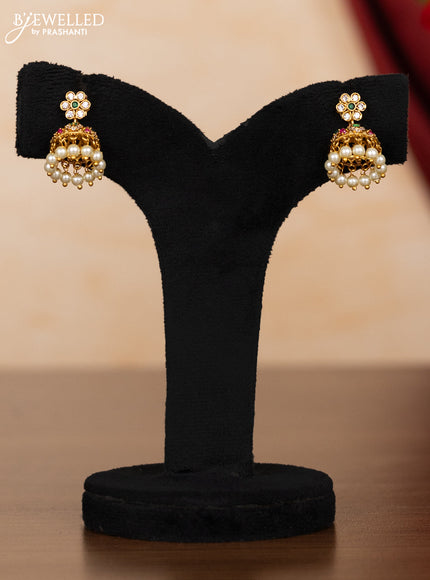 Pearl necklace lakshmi pendant with kemp & cz stones and pearl hangings
