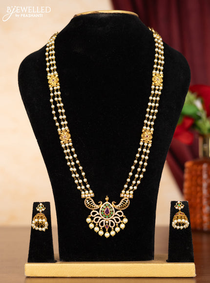 Pearl necklace peacock design with kemp & cz stones and pearl hangings