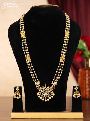 Pearl necklace peacock design with kemp & cz stones and pearl hangings