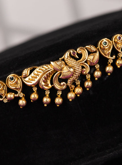 Antique hip chain in peacock design with kemp and golden beads hanging