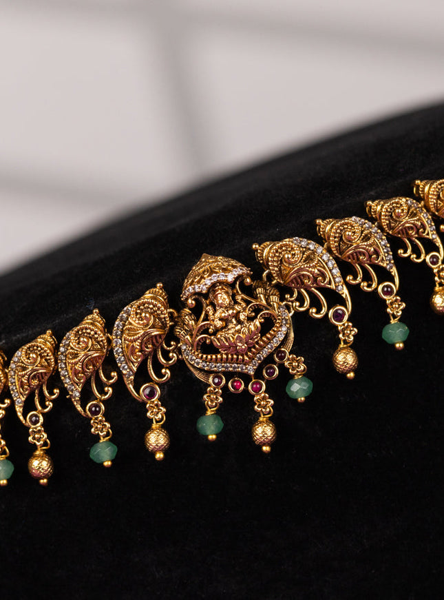 Antique hip chain in lakshmi & peacock design golden beads hanging
