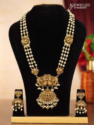 Pearl haaram peacock design with kemp & kundan stones and pearl & golden beads hangings