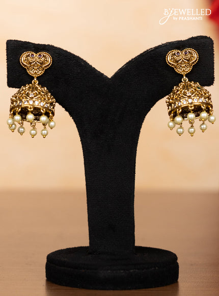 Pearl haaram peacock design with kemp & kundan stones and pearl & golden beads hangings