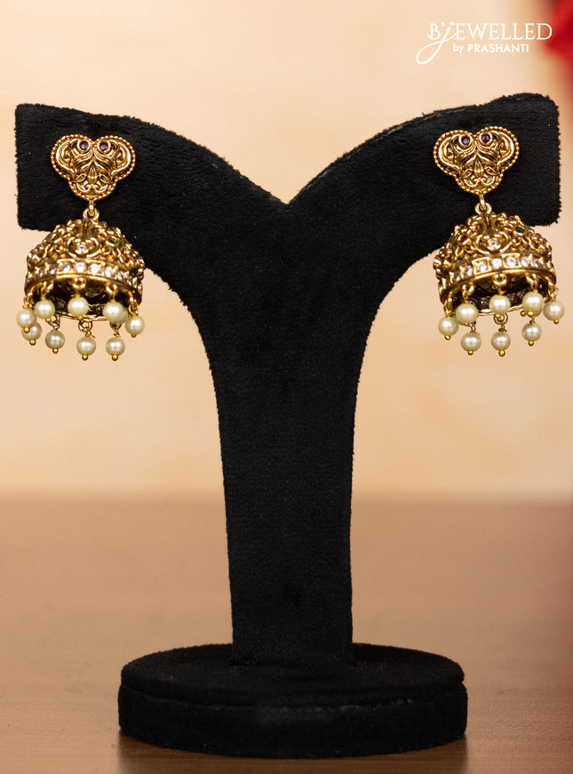 Pearl haaram peacock design with kemp & kundan stones and pearl & golden beads hangings