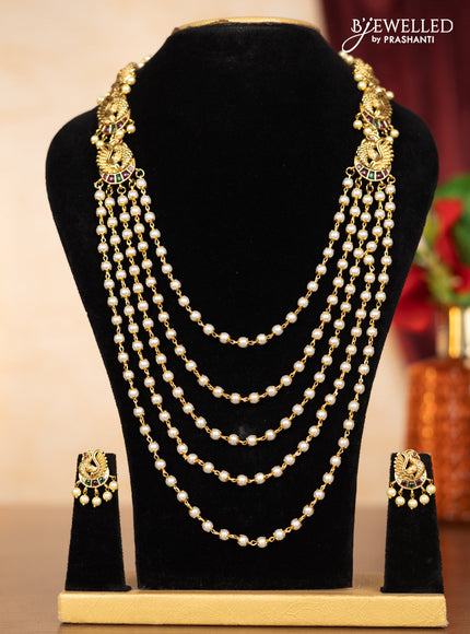 Pearl multilayer haaram peacock design with kemp stones and pearl hangings