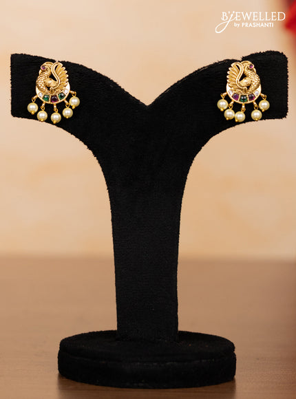 Pearl multilayer haaram peacock design with kemp stones and pearl hangings