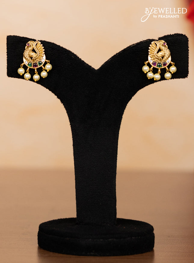 Pearl multilayer haaram peacock design with kemp stones and pearl hangings
