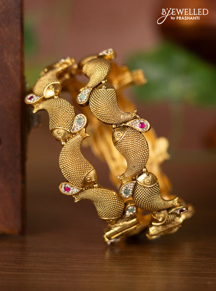Antique bangles fish design with mint green & ruby and cz stones