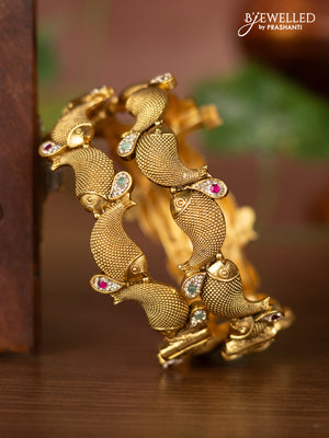 Antique bangles fish design with mint green & ruby and cz stones