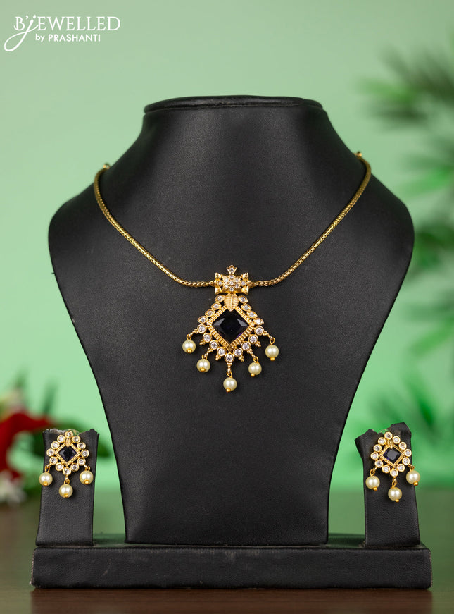 Attigai necklace with square pendant in dark voilet and white stones & pearl hanging