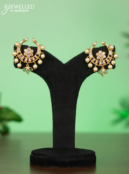 Attigai necklace with chandbali pendant in kemp,green stones and pearl hangings