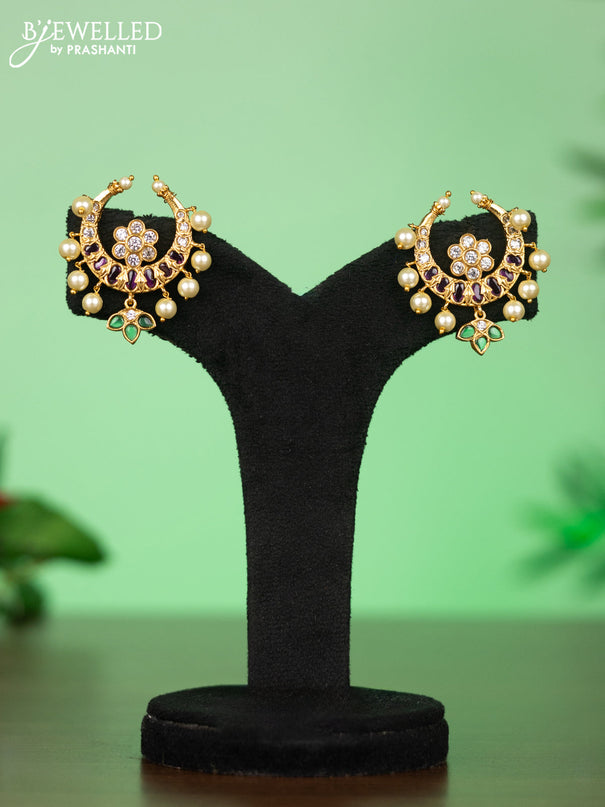 Attigai necklace with chandbali pendant in kemp,green stones and pearl hangings