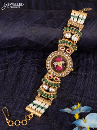 Antique watches with maroon horse dial and jadau kundan stone and green beads